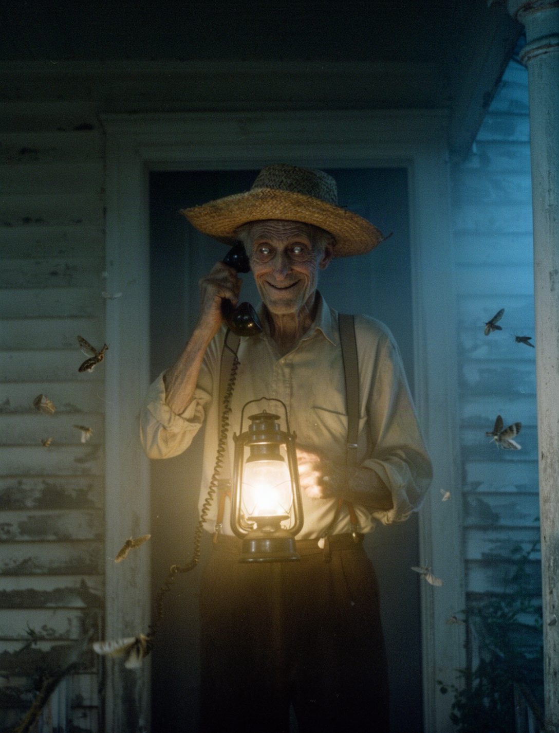 Silas, the Plantation Blood gatekeeper, in a straw hat holding a lantern and an old telephone on the farmhouse porch